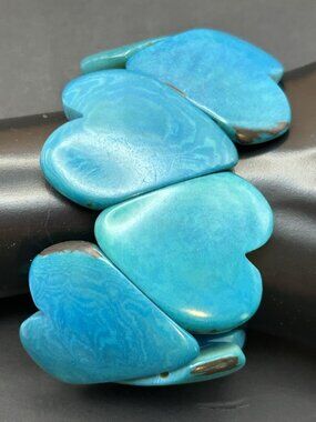 Vintage Blue Tagua Nut Heart Stretch Bracelet Eco Friendly Statement Jewelry